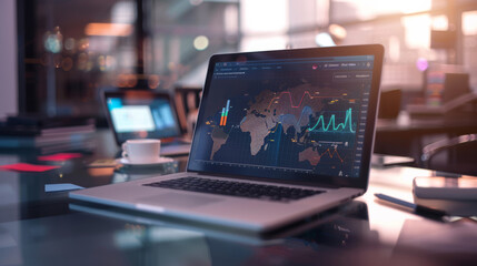 A sleek laptop displays complex financial data and world maps, set on a modern desktop bathed in soft lighting.