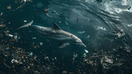 Fototapeta premium A lone dolphin swims amidst a sea of pollution and debris, illustrating the dire consequences of plastic waste in our oceans and its threat to marine life.