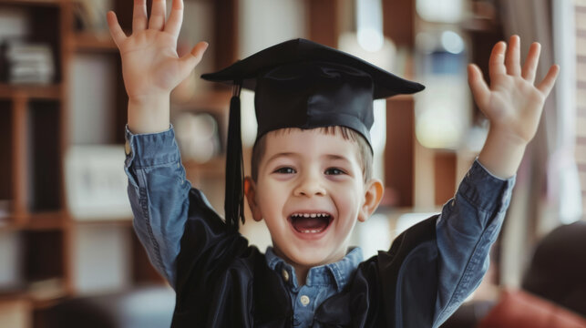 A young child celebrates graduation with joy, hands raised high, embodying achievement and youthful excitement.