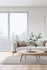 Fototapeta premium Chic living room interiors designer composition with a modern coffee table in front of a large window. Stylish residential Real Estate conceptual image.