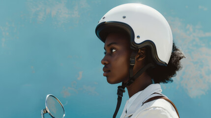 A close-up portrait of a woman wearing a helmet, exuding confidence and readiness against a neutral background.