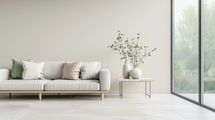 Chic living room interiors designer composition with a modern coffee table in front of a large window. Stylish residential Real Estate conceptual image.