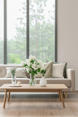 Chic living room interiors designer composition with a modern coffee table in front of a large window. Stylish residential Real Estate conceptual image.