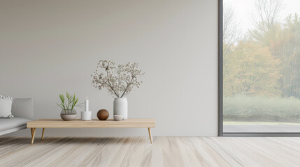 Chic living room interiors designer composition with a modern coffee table in front of a large window. Stylish residential Real Estate conceptual image.