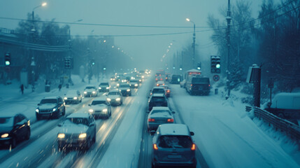 Fototapeta premium A bustling city street amidst a heavy snowfall, with cars navigating the icy road as streetlights cast a warm glow through the haze.