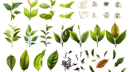 Green Tea Plant Illustration with Tea Leaves, Buds, and Dried Tea.