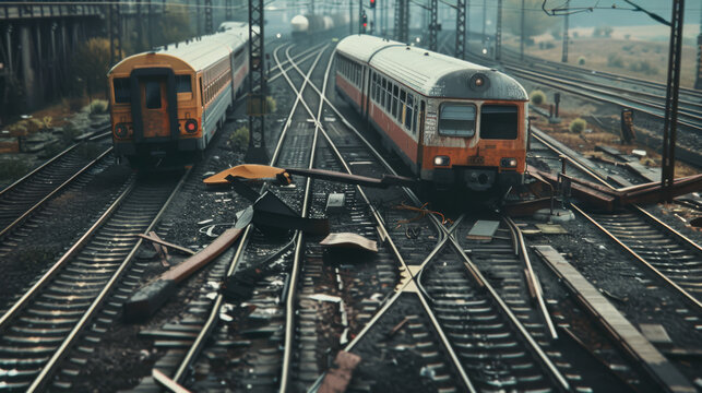 Two trains on parallel tracks intersecting with each other in a complex network at a railway junction with a slightly grungy and industrial feel.