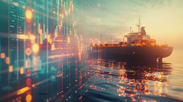 A cargo ship bathed in sunset light, with superimposed digital data, reflecting the intersection of technology and global maritime trade.