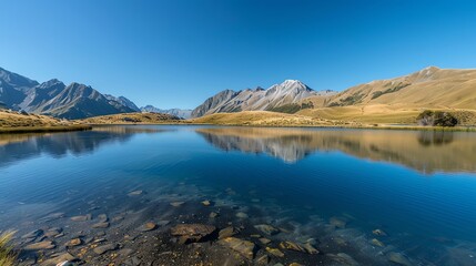 Naklejka premium A clear lake with mountains and a blue sky in the background.