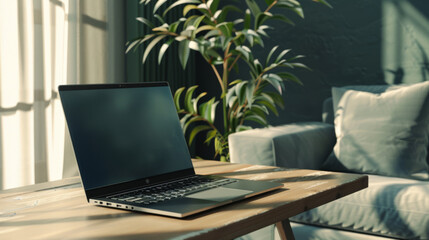 Fototapeta premium A sleek laptop rests on a wooden desk in a sunlit, modern living room, surrounded by green plants, inviting a sense of productivity and tranquility.