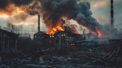 Flames and smoke engulf an industrial complex under a dramatic sky, capturing a scene of intense destruction and chaos.