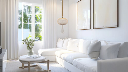A bright living room with a white sectional sofa, light neutral decor, large windows, and a view of a lush garden, creating a serene and inviting atmosphere.