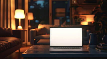 An open laptop with a blank screen on a coffee table in a dimly-lit living room, with multiple cozy lamps in the background.