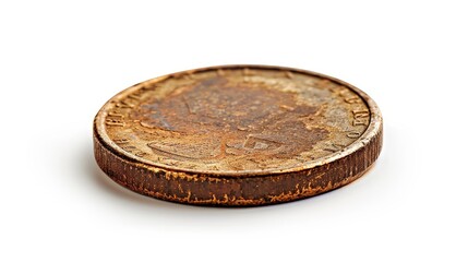 A single, well-worn coin isolated on a white background, symbolizing the journey and history of money.