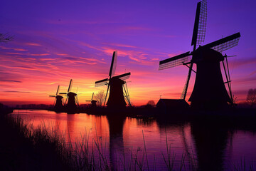 A scenic view of windmills silhouetted against a vibrant sunset over a calm body of water