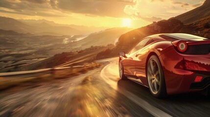 Naklejka premium A sleek, red sports car speeding down a winding mountain road, the sun setting in the background casting a golden hue over the landscape.