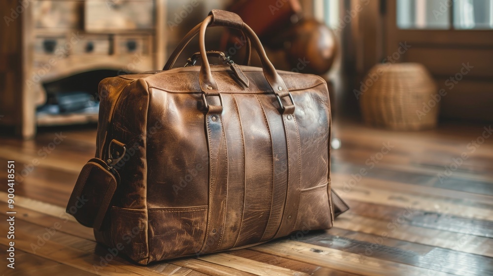 Wall mural A stylish leather travel bag sits on a wooden floor, packed and ready for an exciting adventure. The bag exudes elegance and durability, perfect for a weekend getaway or a business trip.