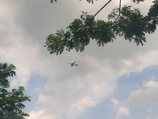 Distant Wings Under a Lilac Sky - A lone airplane soars through a serene sky painted with soft lilac and white clouds