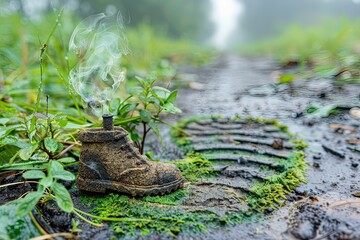 Obraz premium A muddy boot in the center of a muddy field surrounded by vegetation