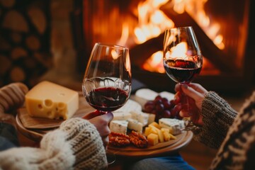Close up of couple toasting with red wine in glasses near fireplace and eating cheese platter at home, during winter time. Romantic evening in the style of the fire. National Red Wine Day.