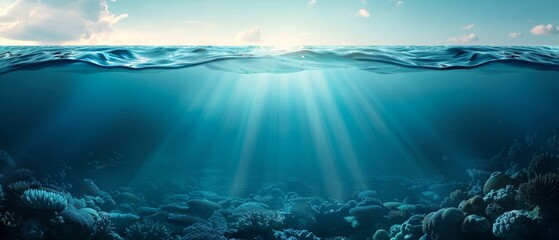 The ocean is calm and clear, with a bright sun shining through the water