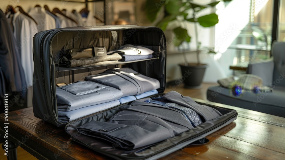 Canvas Prints A travel bag with a built-in garment compartment is displayed open, showcasing neatly packed formal wear. Ideal for business travelers who need to keep their suits wrinkle-free.