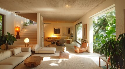 Fototapeta premium A tranquil living room by Luis Barragan, surrounded by vibrant gardens. The white walls and warm lighting, along with modern furniture, create a cozy atmosphere.