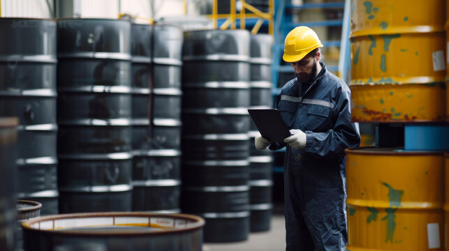 A worker in blue protective gear checks data on a tablet surrounded by oil barrels, representing modern industry, safety, and digital integration.