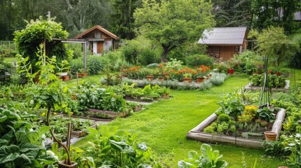 A well-maintained vegetable garden with raised beds, a variety of plants, and a small shed for tools.