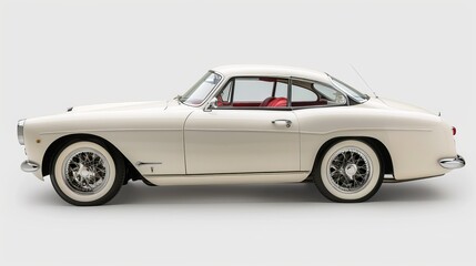 A white classic car, displayed against a white backdrop, highlighting its iconic design and historical significance.