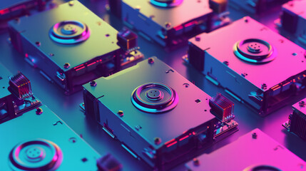 Rows of computer hard drives aligned precisely, glowing with neon pink and blue lighting, evoking a sense of technological advance.