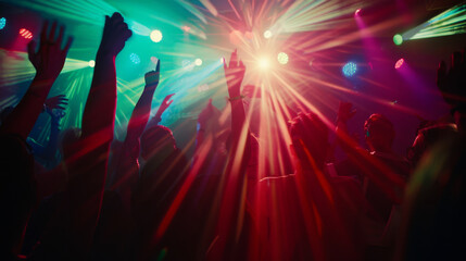 Fototapeta premium A vibrant nightclub scene with colorful lights and people dancing energetically, capturing the essence of nightlife and celebration.