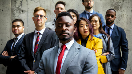 A diverse professional team poses with a determined look against an industrial backdrop, symbolizing strength and unity.