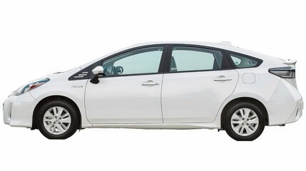 Fototapeta premium A white hybrid car is displayed against a clean white background, showcasing its eco-friendly design and modern features.