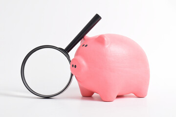 Saving Money with a Piggy Bank and a Magnifying Glass isolated on white background. Business...