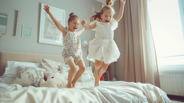 Two young girls jumping on a bed in a sun-drenched room, exuding joy and playfulness, capturing the essence of delightful childhood moments.