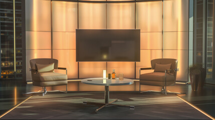 Fototapeta premium A modern, dimly-lit studio with two armchairs and a round table, set against a backdrop of large panels emitting a warm, golden light.