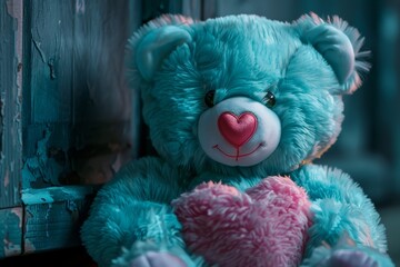 blue teddy bear with pink nose, fluffy aqublue teddy bear with pink heart