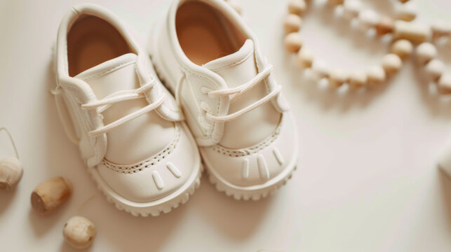 Cream-colored baby shoes with detailed stitching, resting on a white background often paired with delicate accessories.