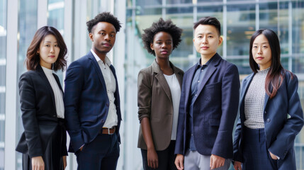 Obraz premium A group of diverse professionals pose confidently against a modern glass building backdrop, reflecting unity and determination.