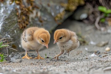 two small birds standing next to each other on dirt ground, fluffy baby chick pecks at the ground, searching for tasty treats