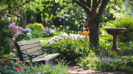 Naklejka premium An inviting garden bench under a tree, surrounded by blooming flowers and a small birdbath.