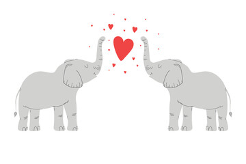 Vector illustration of cute elephants in love. Postcard about love. 