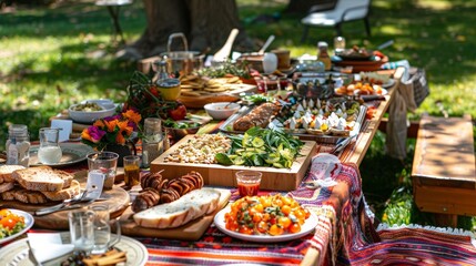 Obraz premium Arranging a picnic table with a spread of international cuisines for a multicultural picnic event.