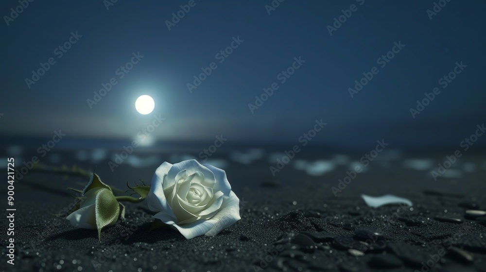 Wall mural At night, a rose flower blooms on the black sands of a beach, its petals glowing softly in the moonlight.