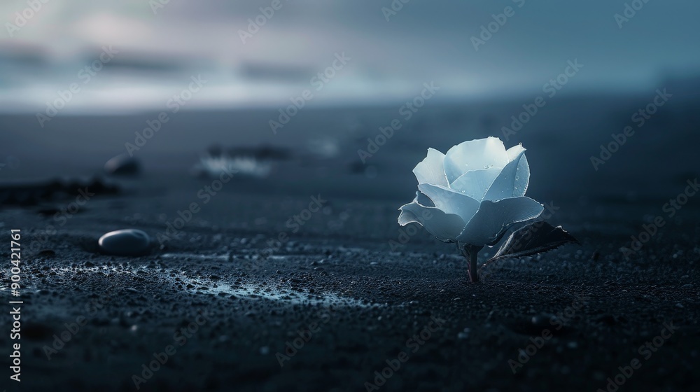 Poster At night, on a black-sand beach, a rose flower blooms quietly, its petals lit softly by the moon.