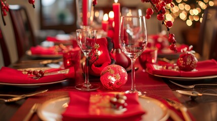 Festive Lunar New Year table setting with red decorations and golden accents
