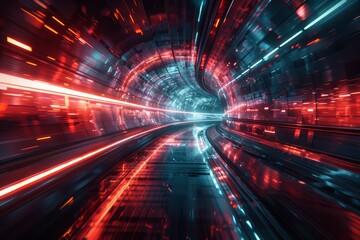 Fototapeta premium Futuristic neon-lit tunnel with vibrant light trails.