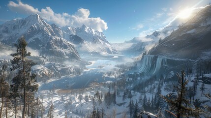 Stunning winter landscape with snow-covered mountains, clear blue sky, and frozen lake. Perfect for nature and travel photography.