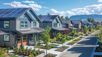 Solar Panel Rooftop community thousands of Solar Panels across the horizon in vast Suburb fighting climate change. AI generated illustration